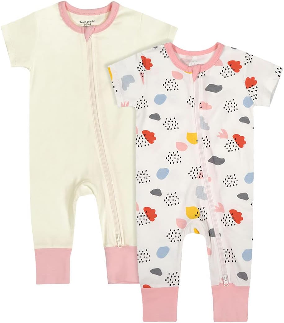 Teach Leanbh Baby Boys Girls 2 Pack 2 Way Zipper Footless Pajamas Cotton Short Sleeve Printing Romper Sleep and Play