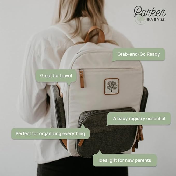 Parker Baby Diaper Backpack - Full Zip Diaper Bag with Insulated Pockets - Cream