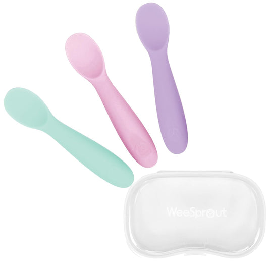 WeeSprout Baby Spoons for Self Feeding 6 Months +, Soft & Durable Silicone Utensils for Sensitive Gums & Teeth, Easy Grip Handles & Shorter Length for Little Hands, 3 Pack + Carrying Case