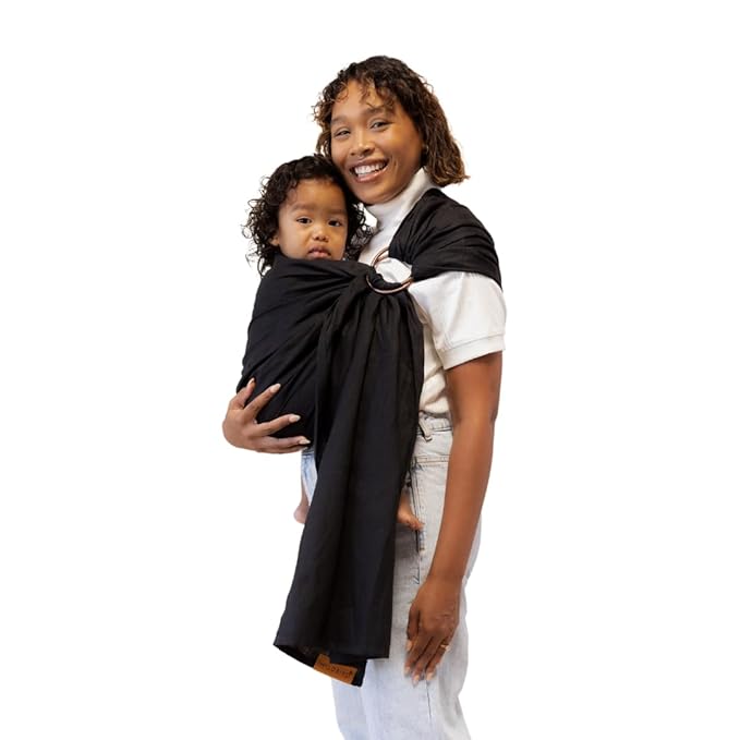 WildBird - Ring Sling Baby Carrier - Newborn to Up to 35 lbs - for Moms, Dads & Caregivers - 100% Natural European Linen Fibers - Versatile & Adjustable - 90” Size - Raven Fabric & Goldk Ring