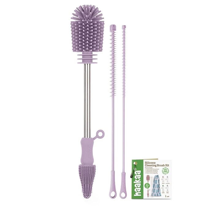 haakaa Silicone Cleaning Brush Kit - Baby Bottle Brush Cleaner for Breast Pump,Nipple,Breast Milk Storage Bag,Reusable Straw,Sippy Cup - Food Grade Silicone Bristles, Portable - 3 Pcs - Lavender