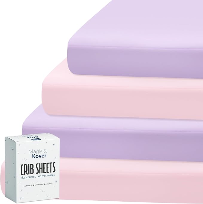 Magik & Kover Crib Sheets Girl 4 Pack, Baby Crib Sheet for Crib Mattress and Toddler Bed Mattress, Soft Breathable Fitted Kid Toddler Sheets Set for Girls, Pink & Violet