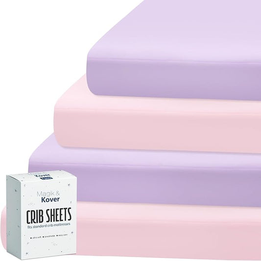Magik & Kover Crib Sheets Girl 4 Pack, Baby Crib Sheet for Crib Mattress and Toddler Bed Mattress, Soft Breathable Fitted Kid Toddler Sheets Set for Girls, Pink & Violet