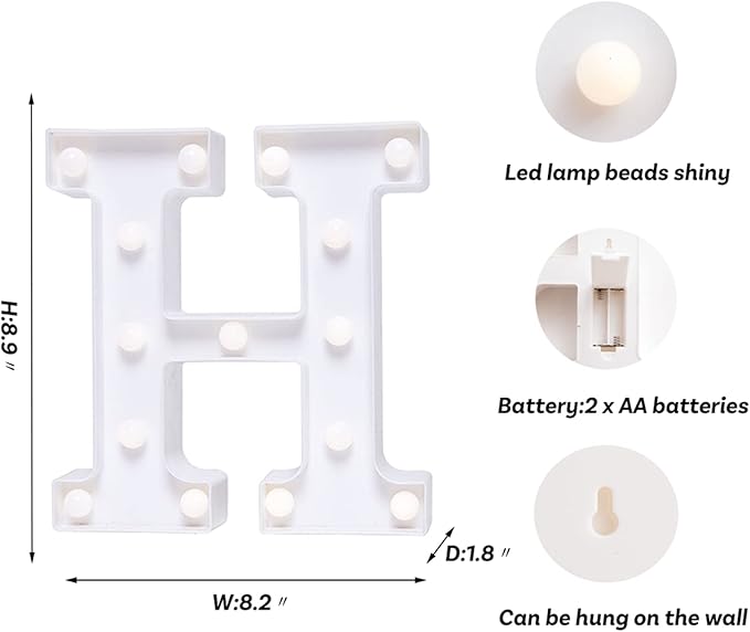 Foaky LED Letter Lights Sign Marquee Light Up Letters Sign for Night Light Wedding/Birthday Party Battery Powered Christmas Lamp Home Bar Decoration(H)