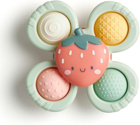 Itzy Ritzy Pop & Whirl – Fidget Spinner Travel & Bath Toy for Babies & Toddlers – Fidget w/Textured Silicone Popper to Develop Fine Motor Skills –Sticks to Highchairs, Tables, Tubs, More (Strawberry)