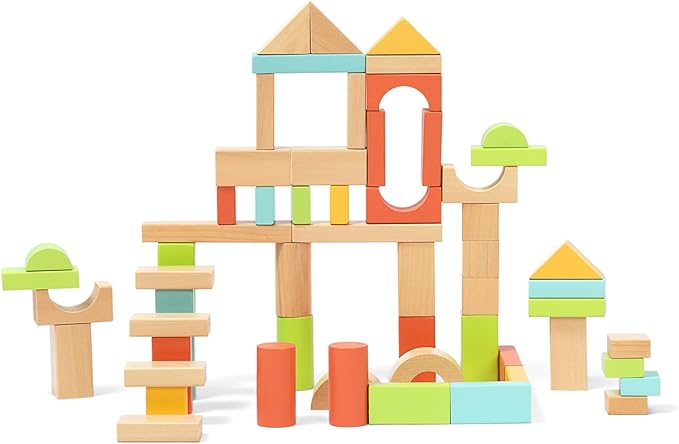 100pcs Wooden Blocks for Toddlers 1-3, Building Blocks for Toddlers 1-3, Wooden Block for Baby Shower with Storage Bucket, Montessori Toys for Preschool Girls and Boys