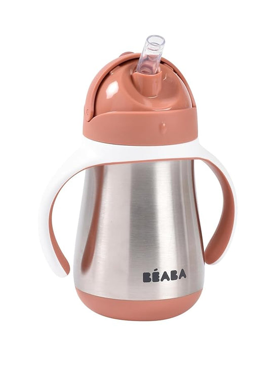 Beaba Stainless Steel Straw Sippy Cup, Insulated Toddler Cups Spill Proof with Removable Handles, Made with High Grade Stainless Steel, 8+ months, 8.5 oz Terracotta