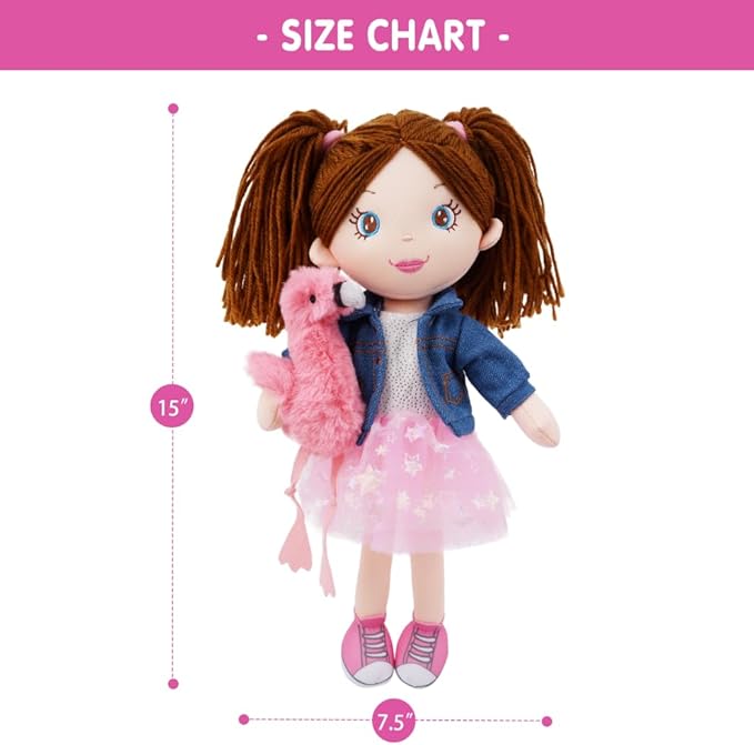 June Garden 15" Playmate Buddies - Plush Doll Mia with Her Stuffed Animal Companion Flamingo Rosie for Kids 1 Year and Up