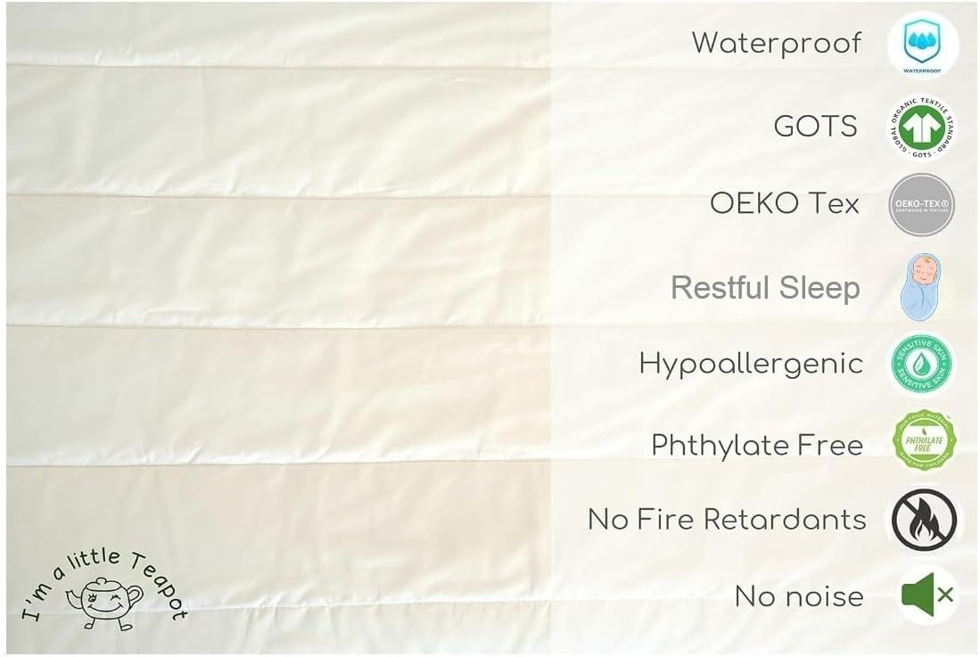 I'm A Little Teapot Organic Cotton Crib Mattress Pad - Standard Size Organic Mattress Protector - Waterproof Baby Mattress Cover - Soft, Durable and Hypoallergenic - Fits 28 x 52 x 9 inches