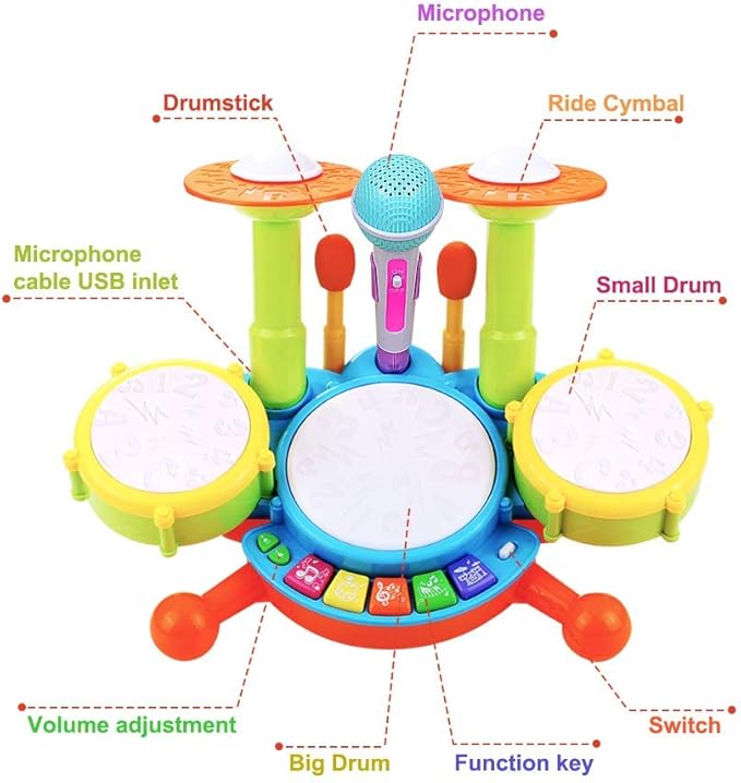 POKONBOY Kids Drum Set for Toddler 1-3, Musical Instruments Learning Toys with 2 Drum Sticks Adjustable Microphone Birthday for Boys Girls 6 12 18 Month (Yellow)