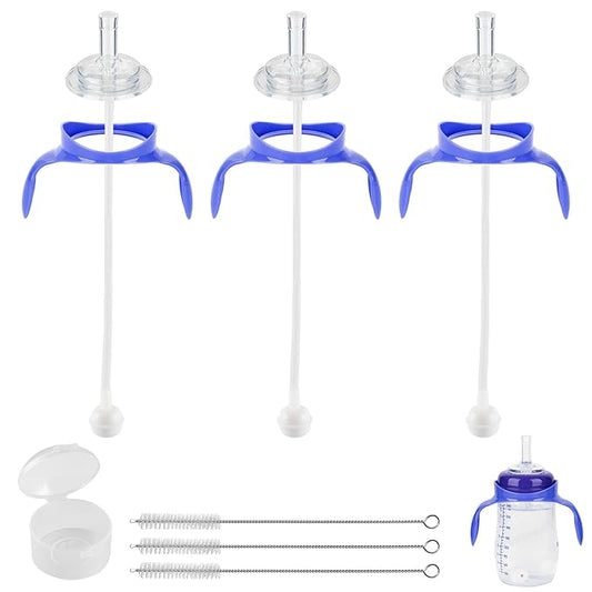 Straw Cup Soft Spout Conversion Kit for Lansinoh Baby Bottle, Toddler Transition Kit with Silicone Straw Top Nipple, Weighted Straw, Bottle Handle, Cleaning Brush, 3 Pack, 8m+