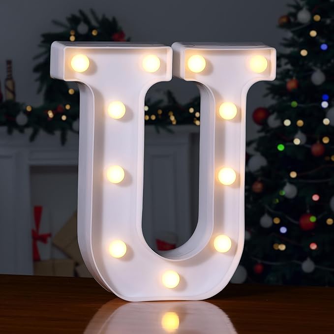 Foaky LED Letter Lights Sign Marquee Light Up Letters Sign for Night Light Wedding/Birthday Party Battery Powered Christmas Lamp Home Bar Decoration(U)