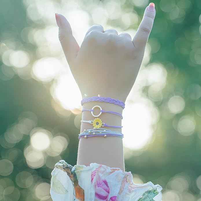 FANCY SHINY Sunflower String Bracelet Boho Braided Rope Wrap Bracelets Cute Summer Beach Surfer Jewelry for Women Christmas Gifts