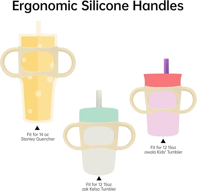NiHome Tumbler Grip Compatible with 14oz Stanley Quencher, Fit for 12 15oz Zak Owala kids Cups Accessories Handle, Silicone Dual-Handle Tumbler Handles for Home Travel Outdoors Daily Use (2PCS,Cream)