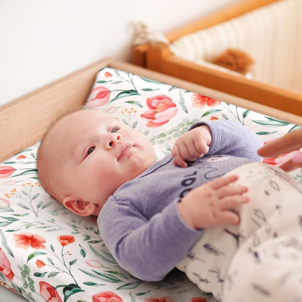 4 Pack Baby Girl Changing Pad Covers Sheets Set Soft Fitted Floral or Elephant Theme Baby Girl Mattress Covers Breathable Toddler Bed Sheets for Infant or Newborn Girls (Flower, Changing Pad Covers)
