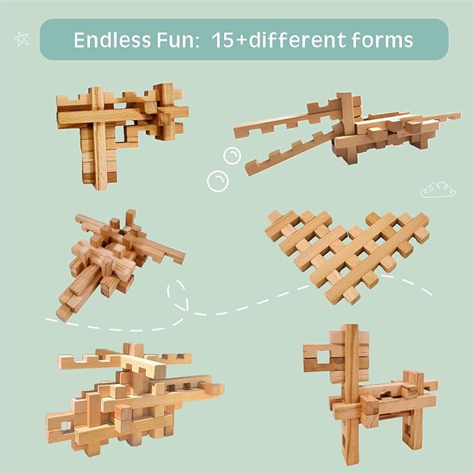 15 in 1 Educational Wooden Building Blocks - Mortise and Tenon Assembled into 15+ Various Shapes, STEM Toys Gift for Kids and Classroom, DIY Building Toys for Ages 5+ Teens Adults - 42 Pcs