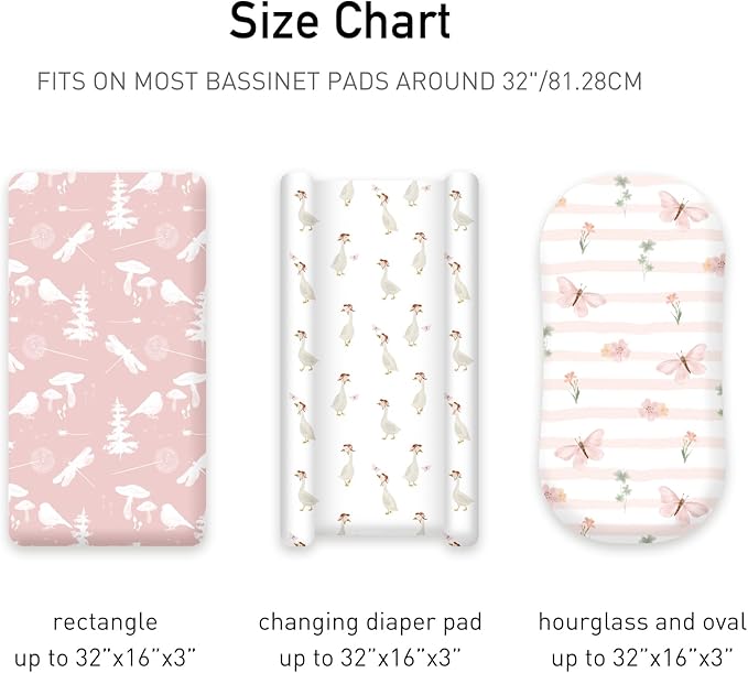 3-Pack Organic Bassinet Sheets for Girls Stretch, Soft Cozy Fitted Bassinet Mattress Sheet (32" x 16") Universal Fit for Hourglass, Oval, & Rectangle Mattresses Pink Butterfly