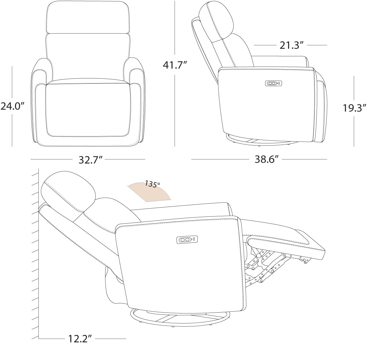 CHITA Electronic Power Recliner Chair Swivel Glider, FSC Certified Modern Nursery Rocking Chair with USB and Type-C Ports, Ivory