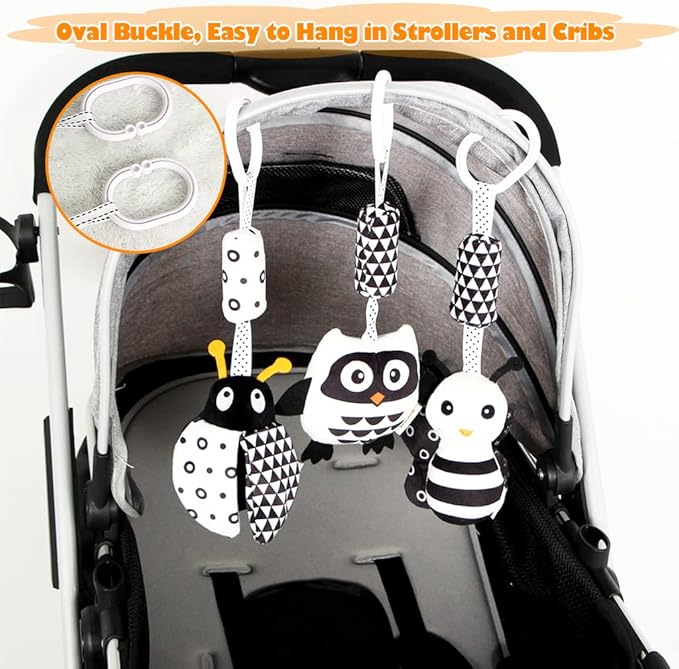 KAKIBLIN Baby Hanging Toy,3 Pack Black and White Baby Toys for 3 6 9 12 Months, High Contrast Hanging Toys,Plush Soft Stroller Rattles Toy for Boys and Girls(21CM, Ladybug,Bee & Owl)