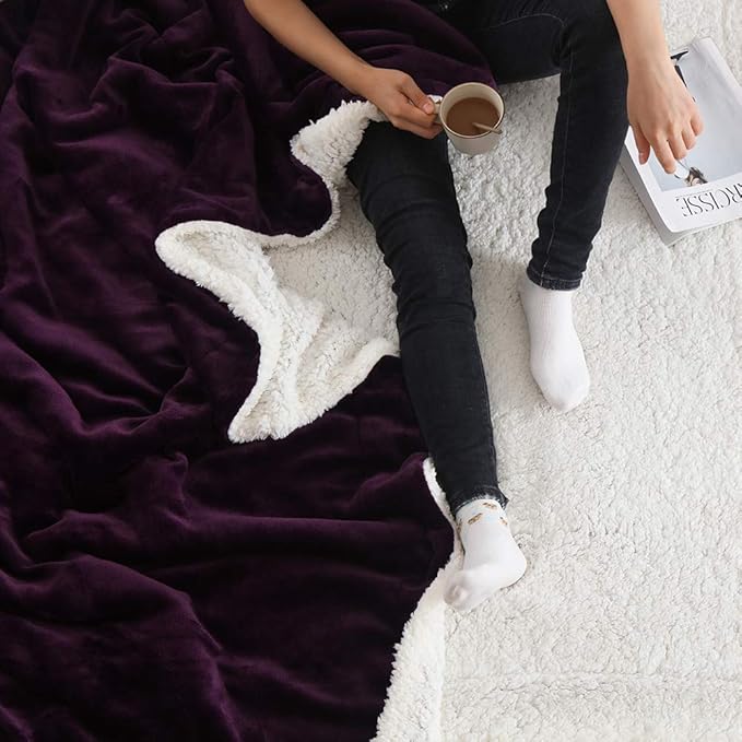 NANPIPER Bed Blanket Reversible Sherpa Flannel Blanket Super Soft Fuzzy Lightweight Fleece Microfiber (90"x90" Purple) Queen