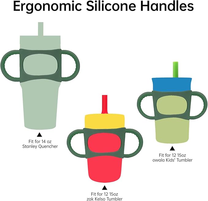 NiHome Tumbler Grip Compatible with 14oz Stanley Quencher, Fit for 12 15oz Zak Owala kids Cups Accessories Handle, Silicone Dual-Handle Tumbler Handles for Home Travel Outdoors Daily Use (2PCS,Green)