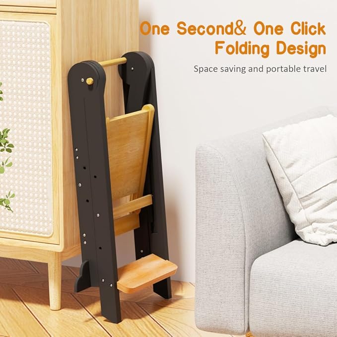 Toddler Tower, Foldable Step Stool for Toddlers, Toddler Kitchen Stool Helper with 3 Adjustable Height Safty Rail and Anti-Tip Structure, Learning Tower for Toddlers Baby Kids