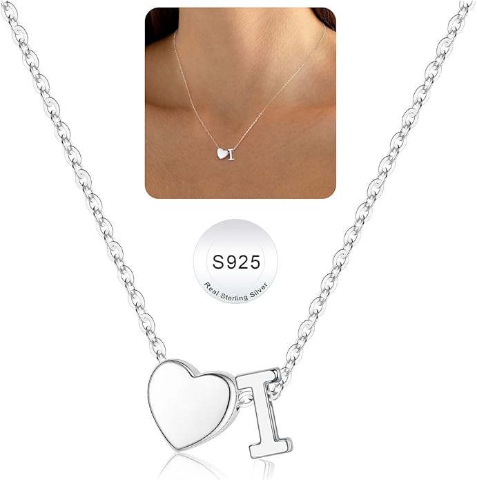 Turandoss S925 Sterling Silver Heart Initial Necklaces for Girls Teen Girls, Dainty S925 Sterling Silver Tiny Heart Initial Necklace Letter Necklaces Trendy Jewelry Gifts for Girls Teen Girls