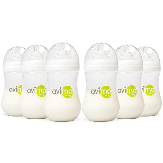 Avima Baby 9 oz Anti Colic Baby Bottles for Breastfed Babies - Medium Flow Nipples, Wide Neck Bottles, BPA Free - 3-6 Months, Stage 2 (Set of 6)