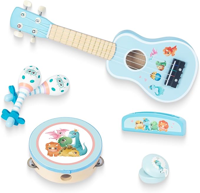 Kids Guitar for Girls, Wooden Musical Instruments Toys with Ukulele, Tambourine, Maracas, Harmonica, Mini Band Sets for Toddlers 2 3 Years Old Birthday Gift (Blue for Boys)