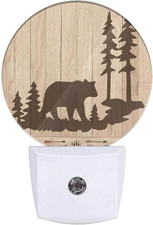 Bear Night Lights Plug into Wall Wildlife Cute Brown Bear Trees Woods Silhouette Night Light Dusk to Dawn Sensor LED Lighting for Bedroom Bathroom Living Room