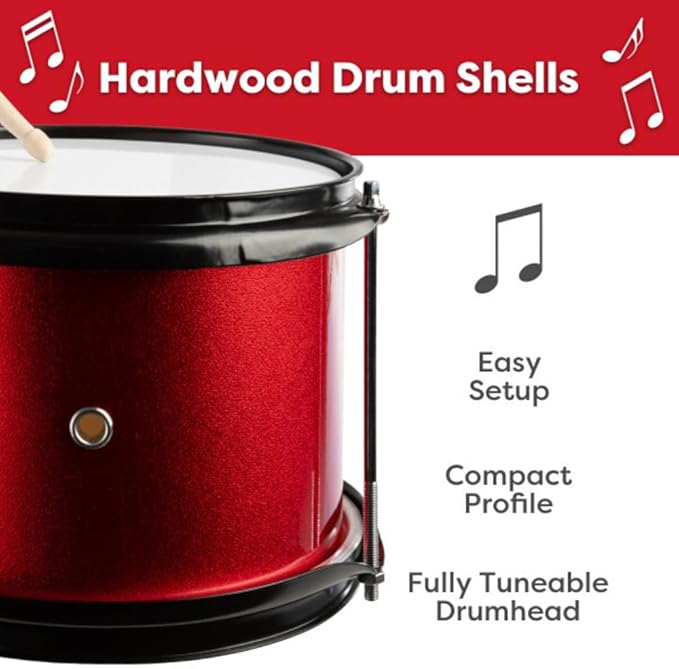 Hey Play Kids 3-Piece Drum Kit - Cymbal, 2 Toms, Bass Drum and Pedal, Drumsticks, and Throne - Beginner Musical Instruments (Red)