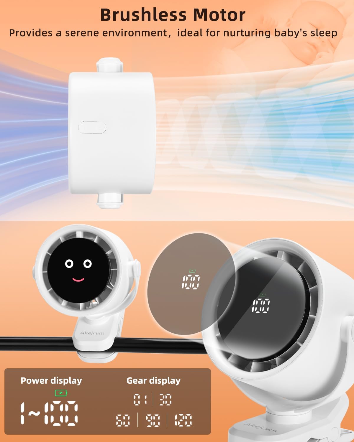 Clip on Fan for Bed, Portable Fan for Travel, 360° Rotate Battery Operated Personal Fan, Air Turbo Tech & Digital display, stroller fan with 5 Speeds, For Home Office Stroller Camping - White