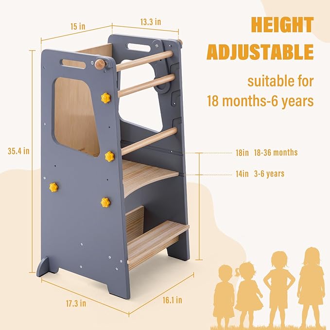 Toddler Standing Tower, Kitchen Stool Helper with Whiteboard, Adjustable Height Kids Toddler Step Stool with Anti-Slip Protection, Kids Step Stool with Safety Feet for Kitchen Bathroom