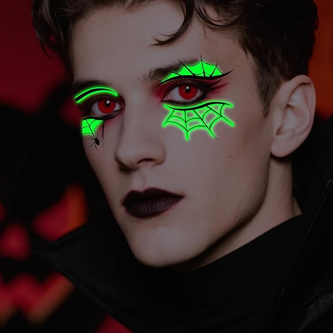 12 Pairs Halloween Glow Up Eye Shadow Temporary Tattoos Eyeliner Tattoo Stickers Spider Web Bat Pattern Eyeliner Fake Tattoos for Women Men Face Eye Makeup Halloween Decals Party Supplies