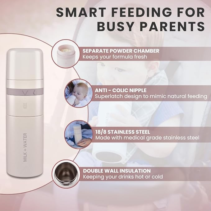 MILK & WATER All in One Baby Bottle & Baby Formula Dispenser On The Go, 9oz - Keeps Water Warm & Formula Fresh - Baby Formula Mixing Bottle with Anti Colic Nipple - Leak-Proof - 6+ Months (Pink)