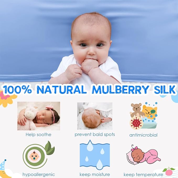 PROMEED 23 Momme Silk Bassinet Sheet for Baby Hair, No More Bed Head and Baby Bald Spots, 100% Mulberry Silk Crib Sheets for Baby Boy/Girl (Blue)