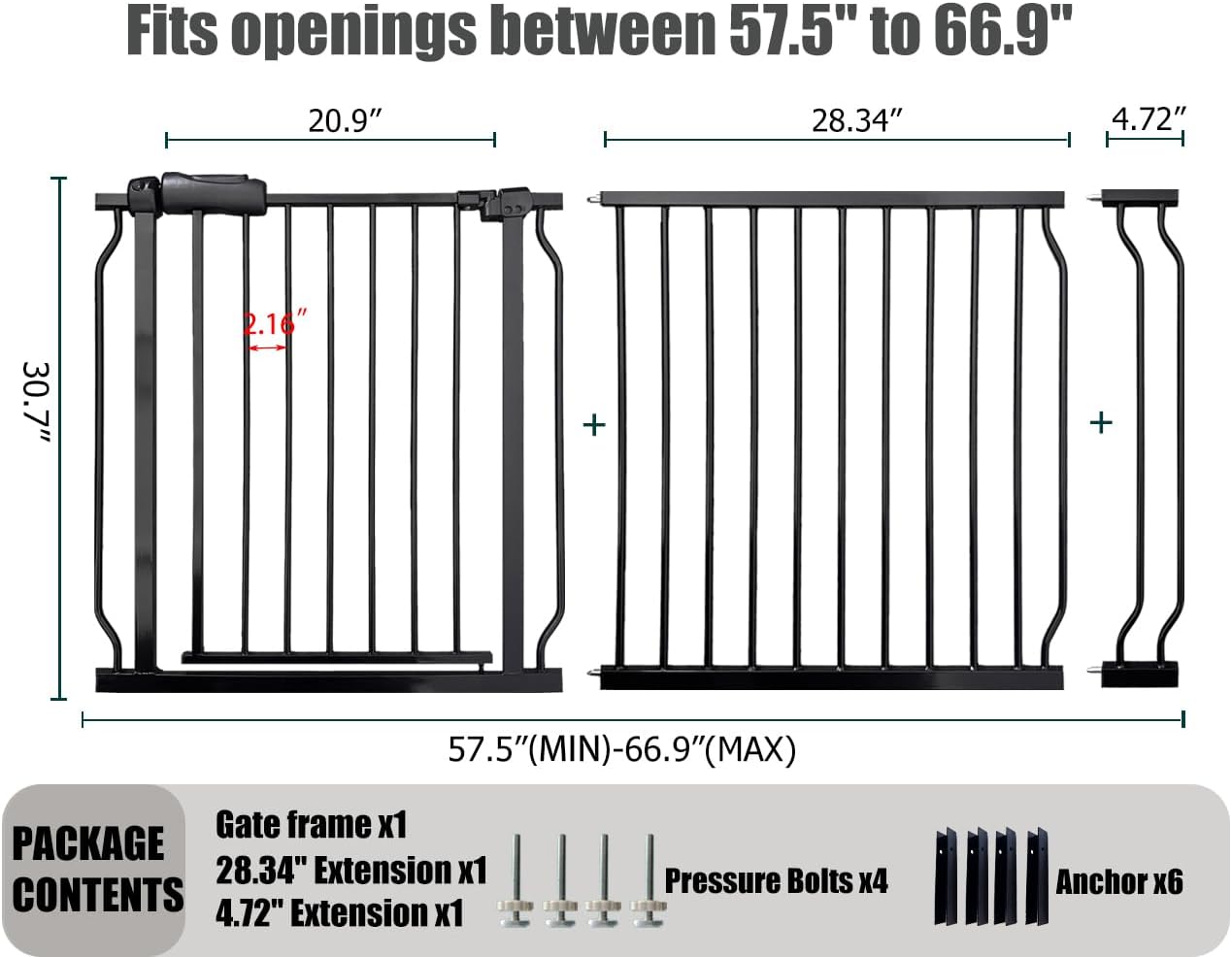 Extra Wide Baby Gate 62-67 Inch, Pressure Mounted Safety Child & Pet Gate - Black Metal - Large Walk Through - Long - for House Doorways & Stairs, 30 Inch Tall