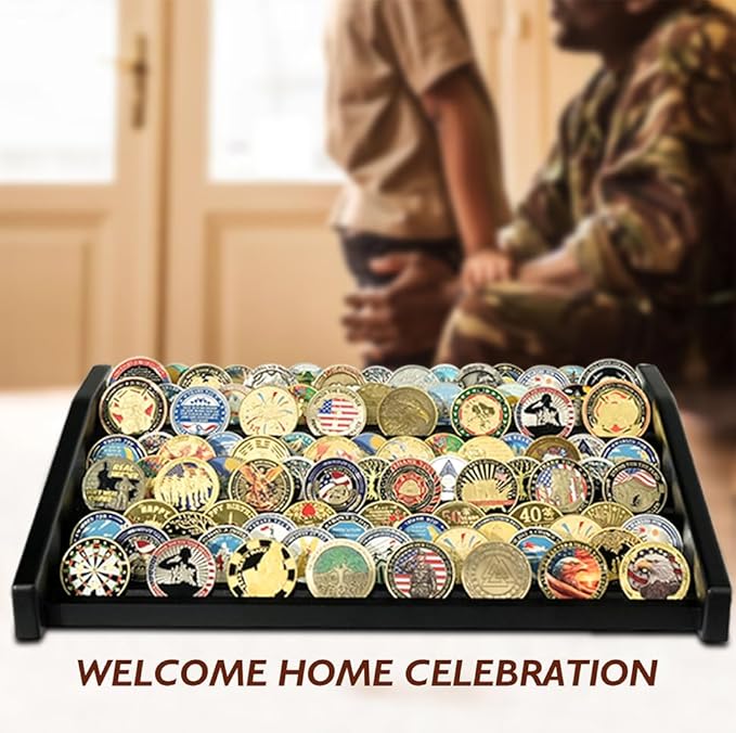 12-Row Wooden Challenge Coin Display Holder for Countertop - 3-Tier Military Coin Rack Stand Holds 90-100 Coins - Coin Display Case for Army Police Collectors, Black