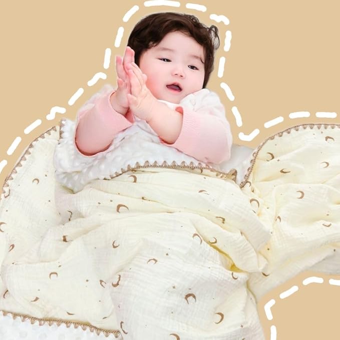 Baby Blanket Cotton Muslin Swaddle Thick Crib Bedding Dotted Backing Double Layer Receiving Blanket 40"x40" (Moon Stars)