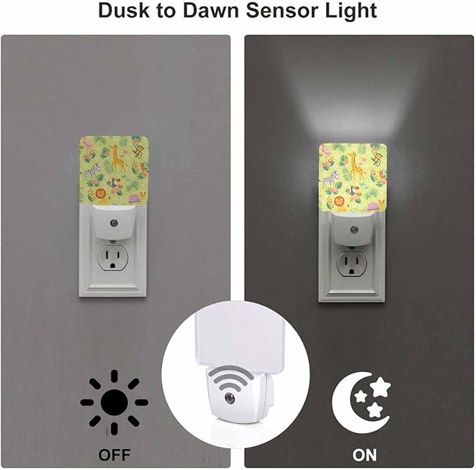 LED Night Light,Cute Cartoon Tropical Animals On Green LED Night Light Plug into Wall with Dusk to Dawn Light Sensor White Energy Efficient Nightlight for Bedroom Bathroom Hallway Living Room Kitchen