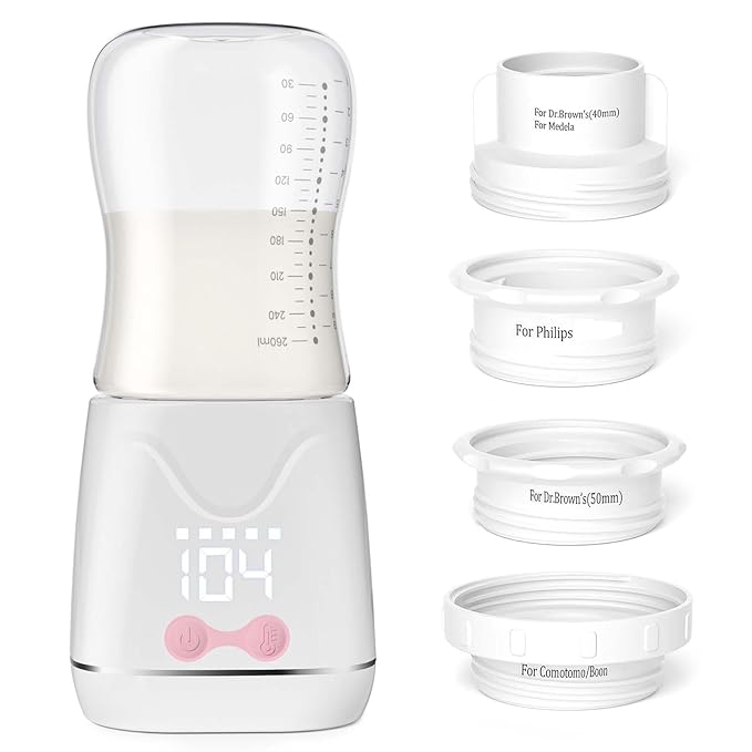 Portable Bottle Warmer, w-maxa Fast Baby Bottle Warmer for Travel with Glass Bottle & 4 Adapters, Rechargeable Bottle Warmer On The Go with Precise Temperature Control for Breastmilk, Formula