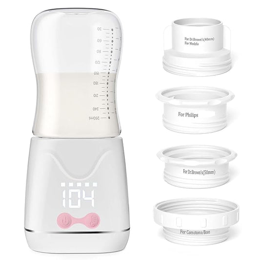 Portable Bottle Warmer, w-maxa Fast Baby Bottle Warmer for Travel with Glass Bottle & 4 Adapters, Rechargeable Bottle Warmer On The Go with Precise Temperature Control for Breastmilk, Formula