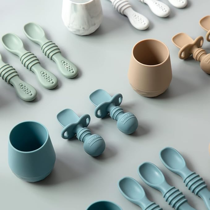 SAMiGO Silicone Baby Utensils - Self Feeding Spoons and Tiny Training Cup - First Stage Baby Led Weaning Supplies for 6 Months+ Infants - Set of 3
