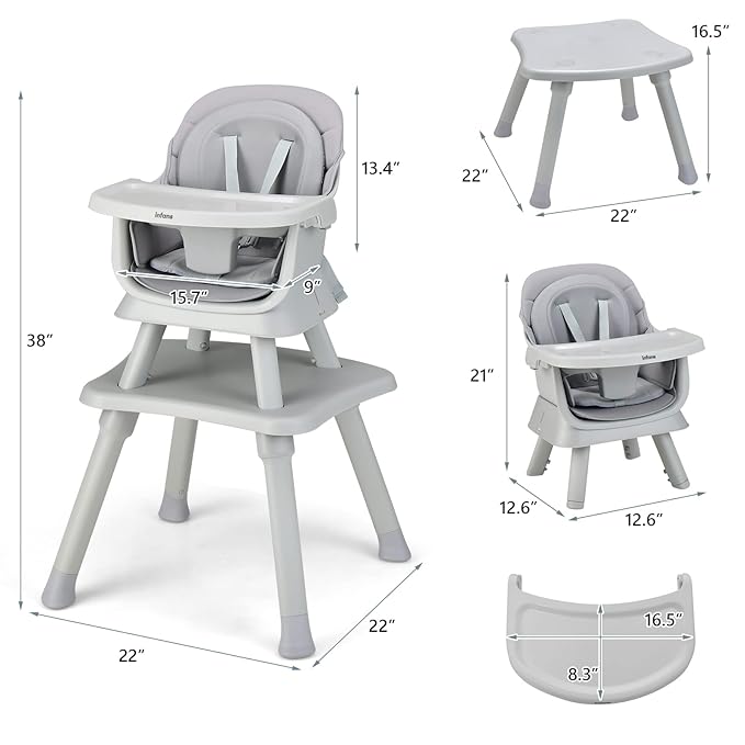 INFANS 8 in 1 Baby High Chair, Convertible Highchair for Babies and Toddlers, Infant Dining Booster Seat, Building Block Table, Kids Stool Table Chair Set with Removable Tray