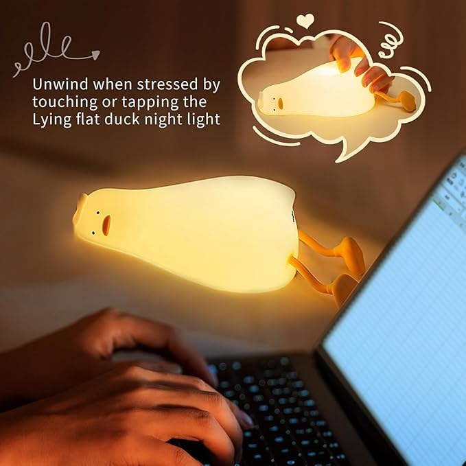 LED Lying Flat Duck Night Light, 3 Level Dimmable Nursery Nightlight, Cute Lamps Silicone Squishy Light Up Duck, Rechargeable Bedside Touch Lamp for Nursery College Dorm Decor Trendy Stuff