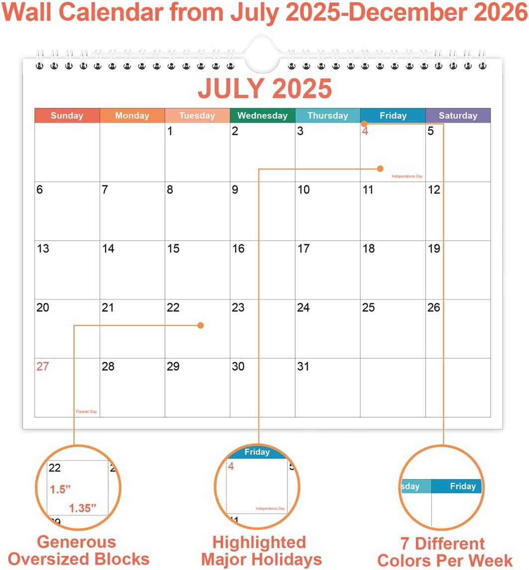 Calendar 2025-2026, Wall Calendar 2025-2026 from September 2025 - December 2026, 18 Months Calendar with Premium Paper, Twin-Wire Binding & Hanging Hook, 8.5" x 11", Colorful