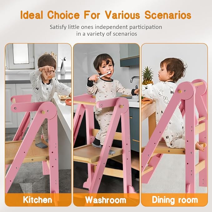 Toddler Tower, Step Stool for Toddlers, Toddler Kitchen Stool Helper with 3 Adjustable Height Safty Rail and Anti-Tip Structure, Learning Tower for Toddlers Baby Kids