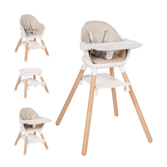 High Chair, 6 in 1 Wooden Convertible High Chairs for Babies and Toddlers, Booster Seat with Double Tray & Reversible Footrest Baby Highchair, 5-Point Harness Baby Feeding Chair, Beige