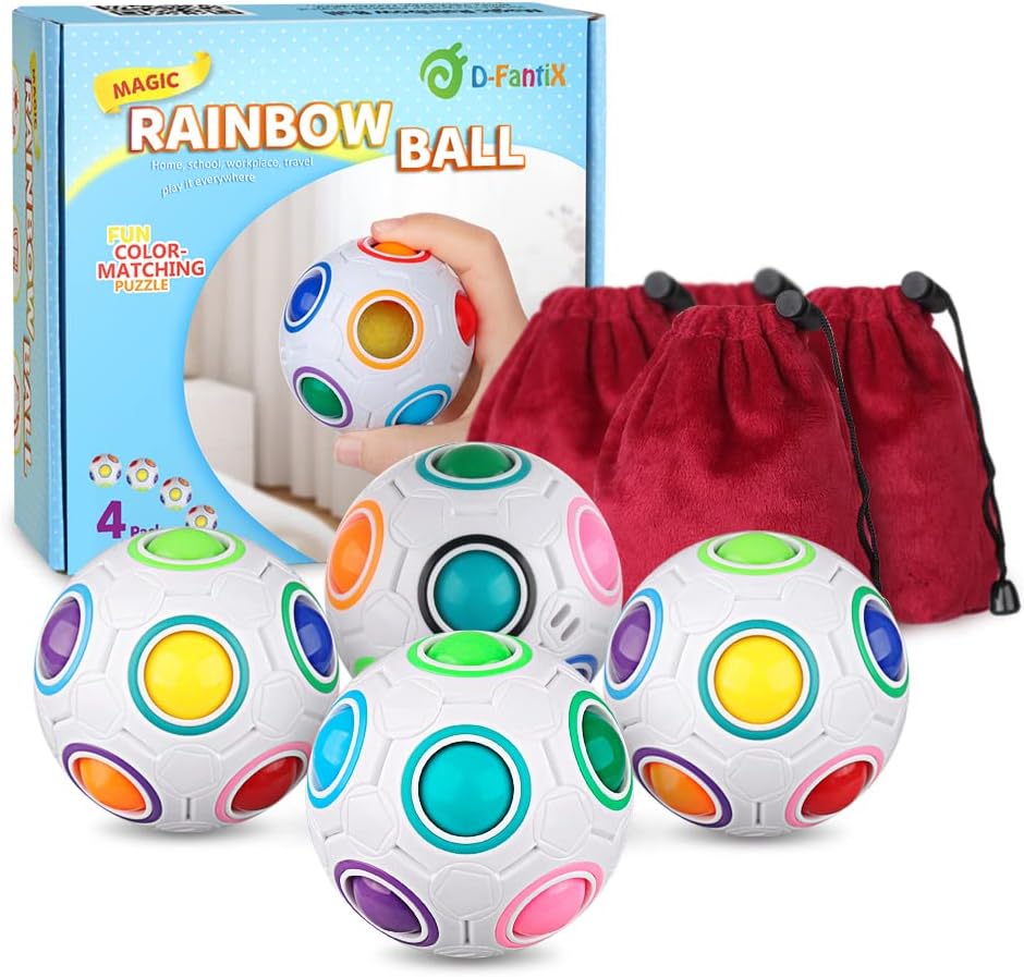 D-FantiX 4Pcs Rainbow Puzzle Ball, Brain Teasers Fidget Toys for Kids Ages 3+, Stress Reliever Magic Travel Toy for Boys & Girls