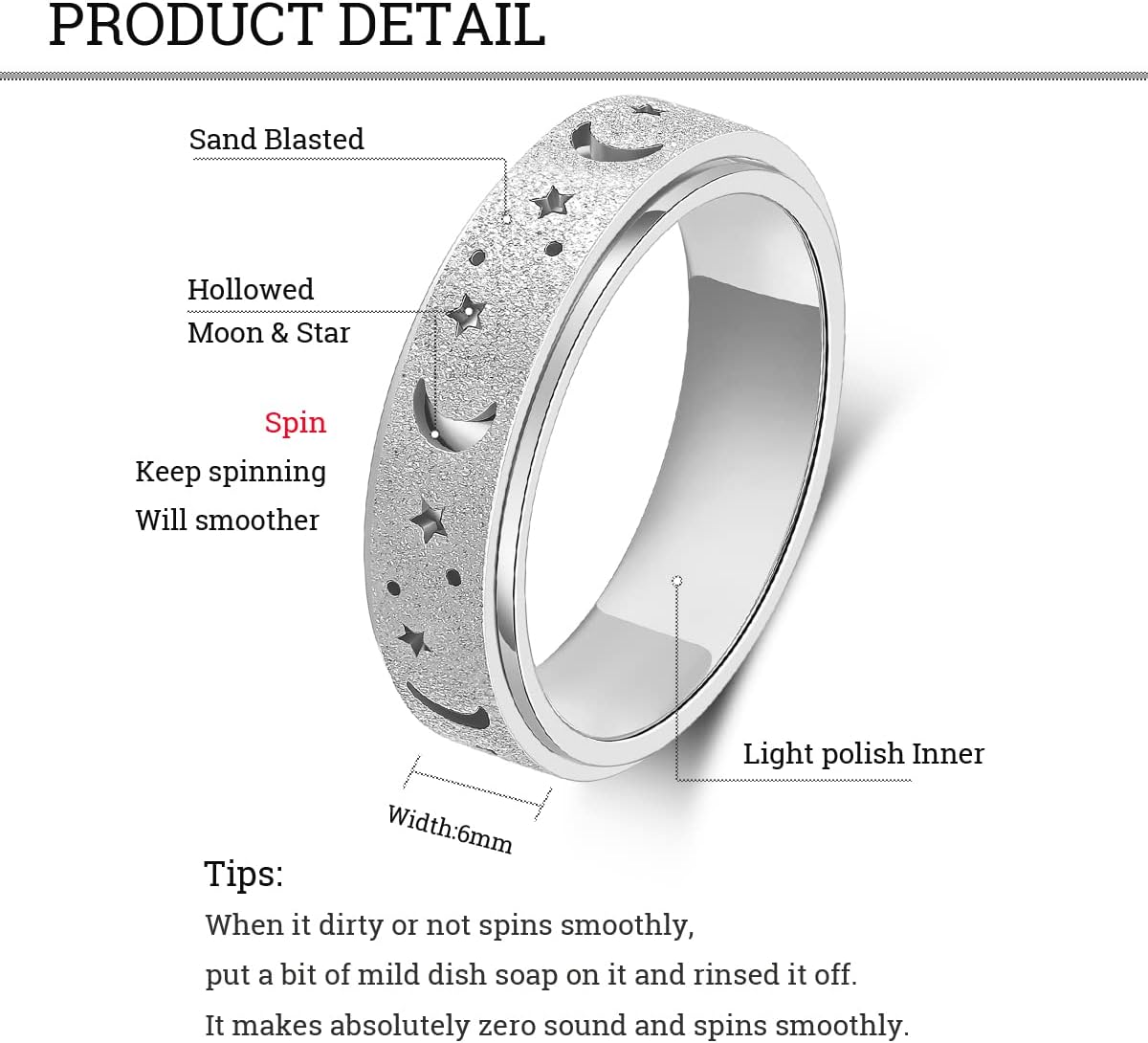 OreilleStar Anxiety Ring for Women Spinner Ring Fidget Ring Fidget Toys Adults Spinner Rings Fidget Rings Anxiety Fidget Ring Men Silver Size 9